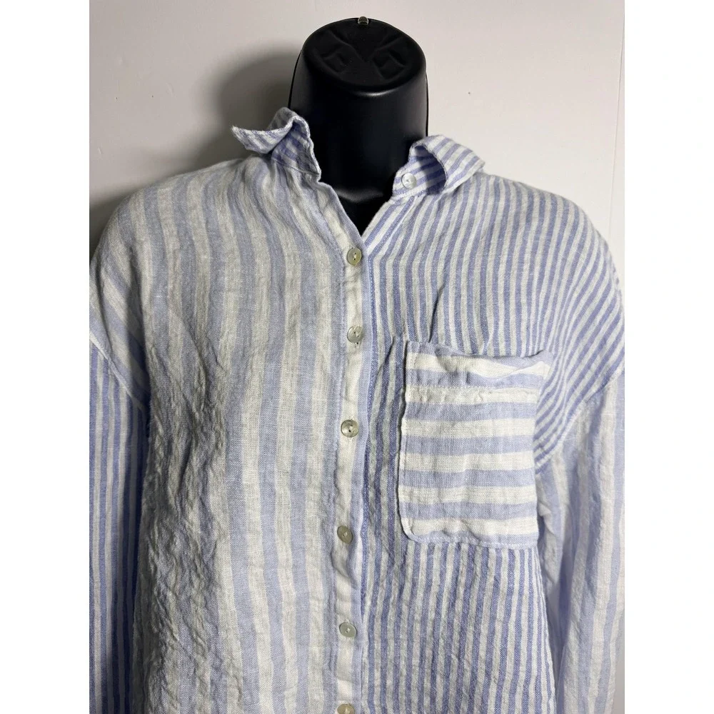 Nicole Miller New‎ York Shirt Womens Small Blue White Stripe Linen Button Top - Picture 2 of 8